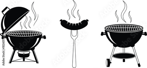 grill, barbecue, sausage, fork, smoke, steam, cooking, outdoor, charcoal, black, white, illustration, design, icon, silhouette, summer, food, heat, picnic, kitchen