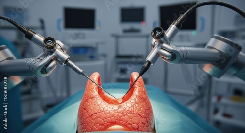 Surgical robots performing a delicate surgical procedure on a patient's thyroid gland in a modern