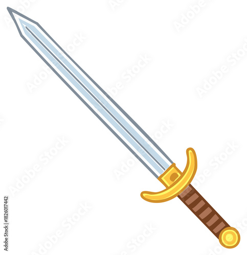 Cartoon Style Sword with Brown Handle and Golden Hilt in Upward Angle