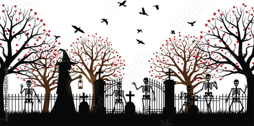 graveyard, skeleton, spooky, Halloween, horror, silhouette, tombstone, tree, scarecrow, lantern, night, eerie, dark, gothic, haunted, cemetery, birds, red, illustration, design
