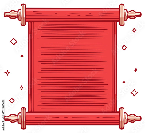 Vibrant red ancient scroll illustration with decorative antique ends and subtle sparkles
