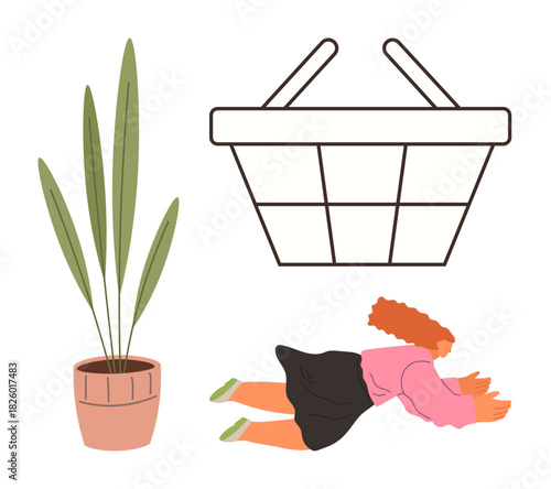 Woman lying on the floor extending hands, shopping basket, and potted plant. Ideal for consumerism, self-care, minimalism, choices, home decor shopping lifestyle themes. A simple flat metaphor