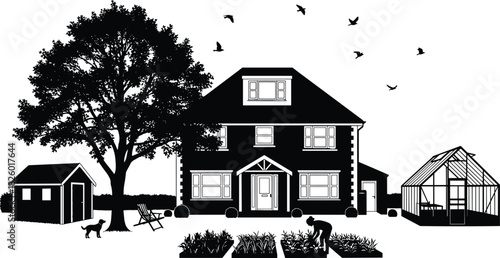 house, backyard, garden, greenhouse, tree, shed, dog, lounge, person, silhouette, black, white, illustration, design, nature, outdoor, peaceful, domestic, lifestyle, home