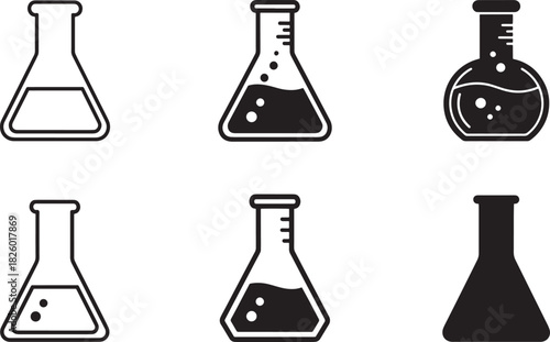 Science laboratory glassware icon set: chemical flask, beaker, and retort symbols for experiment, research, education, and biotechnology Vector
