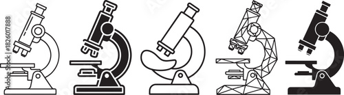 Diverse collection of five distinct microscope icons, presented in solid, outline, and geometric styles, representing scientific exploration and research tools Vector