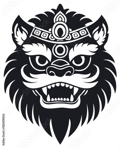Stylized illustration of a fierce lion or mythical beast in black and white.