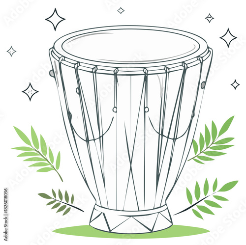 Stylized Line Art Illustration of a Traditional Drum with Leaves and Stars for Decorative Accent