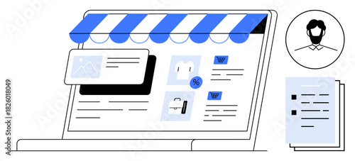 Laptop screen showing an e-commerce website with product cards, discount icon, user profile, task list. Ideal for online shopping, retail, marketing, strategy, technology user experience simple