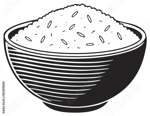 Steaming rice bowl illustration Asian cuisine staple nutritious food healthy grain diet lunch dinner full simple contour