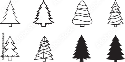 Collection of diverse christmas tree vector icons, featuring outlined and solid black fir trees for festive holiday designs and winter decorations Vector
