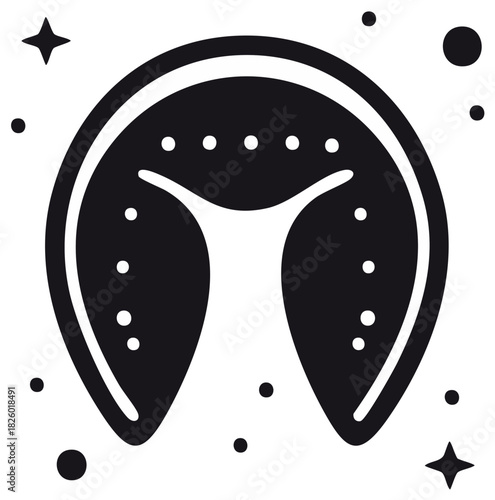 Mystical fortune cookie silhouette icon surrounded by stars and dots