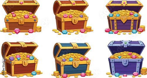Cartoon treasure chests filled with gold coins and colorful gems, fantasy loot collection, valuable riches, game asset icons, wealth illustration