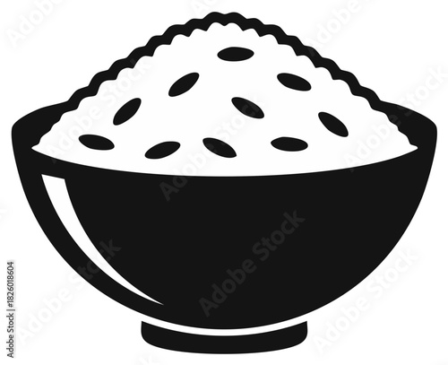 Black and white depiction of a bowl filled with white rice grains in a simple minimalist food illustration