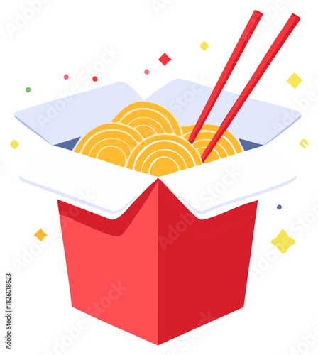 Stylized Asian food takeout box with golden noodles and red chopsticks festive illustration