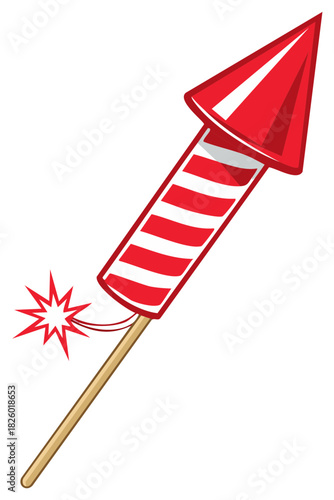 Red striped bottle rocket with a lit fuse ready to launch for a holiday celebration