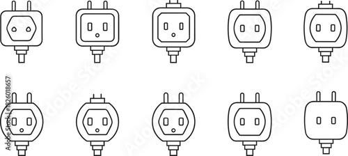 Collection of electrical plug icons in simple line style, power connector symbols, minimal outline design, utility socket illustration set
