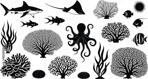 marine, ocean, underwater, silhouette, sea, wildlife, fish, coral, shark, octopus, stingray, nature, vector, design, black, white, biodiversity, ecosystem, aquatic, illustration