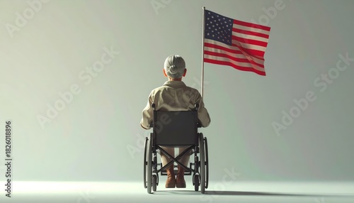 American flag in front of the old building with silhouette of a disabled elderly person sitting in a wheelchair