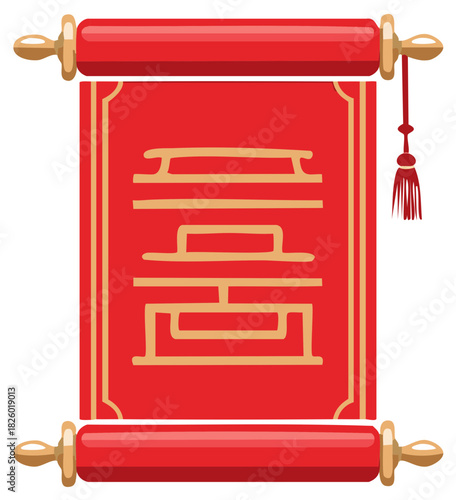Traditional Chinese red scroll with double happiness symbol and golden tassel