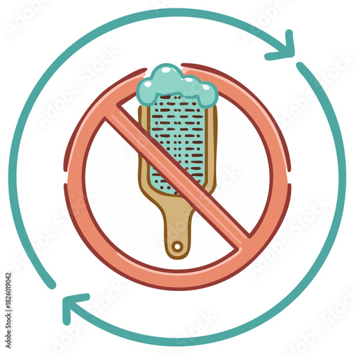 Prohibited scrubbing tool with foam and a red circle-slash symbol inside recycling arrows, cleaning ban illustration.