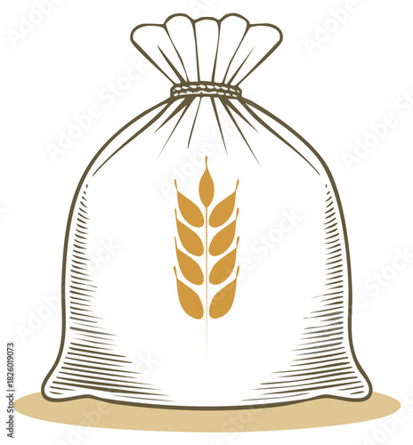 Rustic Sack of Grain Illustration with Wheat Stalk Emblem Emphasizing Natural Harvest Symbolism