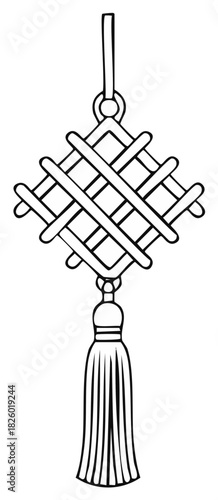 Black and white line drawing of a traditional Asian knot with a hanging tassel ornament