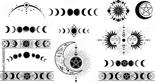 moon, sun, stars, celestial, mystical, spiritual, occult, astrology, pentagram, energy, black, white, illustration, design, cosmic, magic, esoteric, symmetrical, decorative, symbol