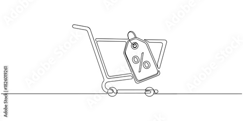 Continuous one line of a cart with a discount tag, symbolizing seasonal sales, marketing promotions, and ecommerce growth, drawn vector illustration.