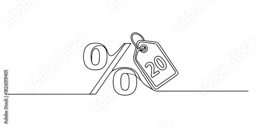 Continuous one line of a percentage discount icon, representing promotional strategies, sales events, and customer incentives, drawn vector illustration.