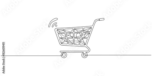 Continuous one line of a hand placing items into a virtual cart, representing user experience, ecommerce navigation, and intuitive shopping, drawn vector illustration.
