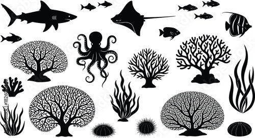 marine, ocean, underwater, silhouette, sea, wildlife, fish, coral, shark, octopus, stingray, nature, vector, design, black, white, biodiversity, ecosystem, aquatic, illustration