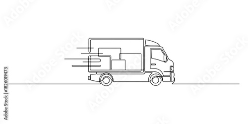 Continuous one line of a delivery truck with clean linear strokes, representing fast shipping, logistics, and order fulfillment, drawn vector illustration.