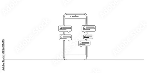 Continuous one line of a smartphone with push notification alerts, representing engagement marketing, customer retention, and mobile strategies, drawn vector illustration.