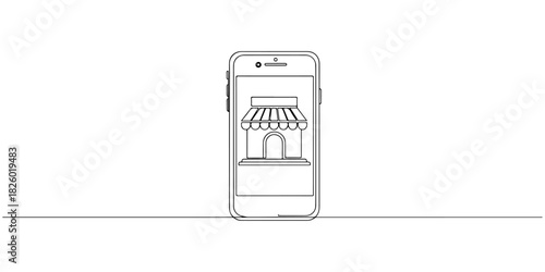 Continuous one line of a smartphone displaying a storefront icon, representing mobile commerce, digital retail, and smart buying, and drawn vector illustration.