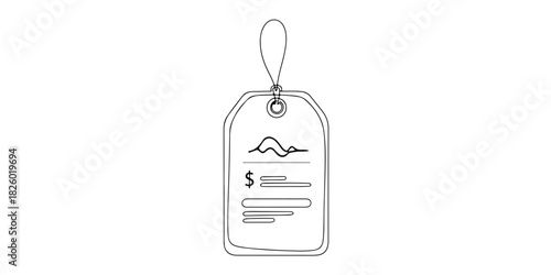 Continuous one line of a product tag, representing branding, pricing, and product identification, drawn vector illustration.