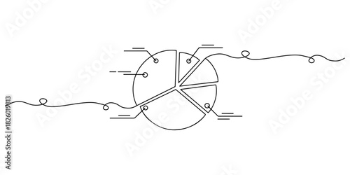 Continuous one line of a pie chart with clean curves, symbolizing marketing insights, analytics, and campaign performance, drawn vector illustration.