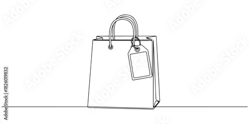 Continuous one line of a shopping bag with a tag, representing retail sales, promotions, and product discovery, drawn vector illustration.