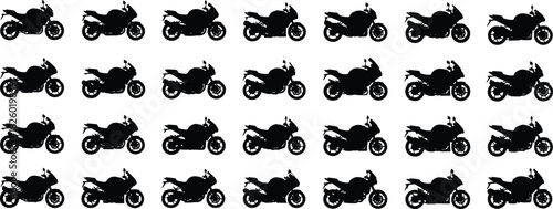 motorcycle, bike, silhouette, sportbike, vehicle, transport, black, white, icon, design, illustration, pattern, grid, graphic, speed, motion, profile, collection, style, repetition