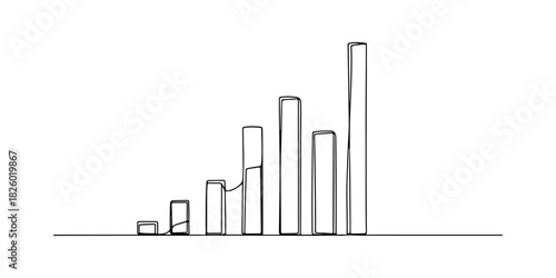 Continuous one line of a bar chart with rising lines, symbolizing growth, performance metrics, and marketing success, drawn vector illustration.