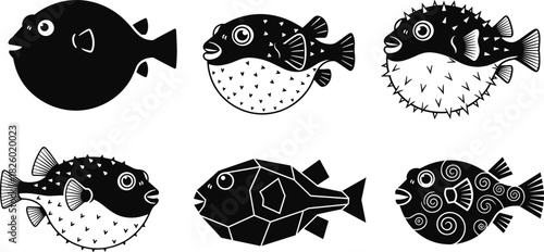 Collection of pufferfish silhouettes and decorative blowfish illustrations featuring geometric, spiky, cartoon, and stylized marine vector designs for ocean artwork