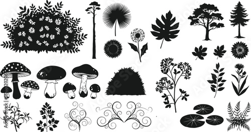 plants, trees, mushrooms, leaves, silhouette, nature, floral, botanical, black, white, illustration, design, forest, garden, foliage, dandelion, lily, branches, ornamental, ecosystem