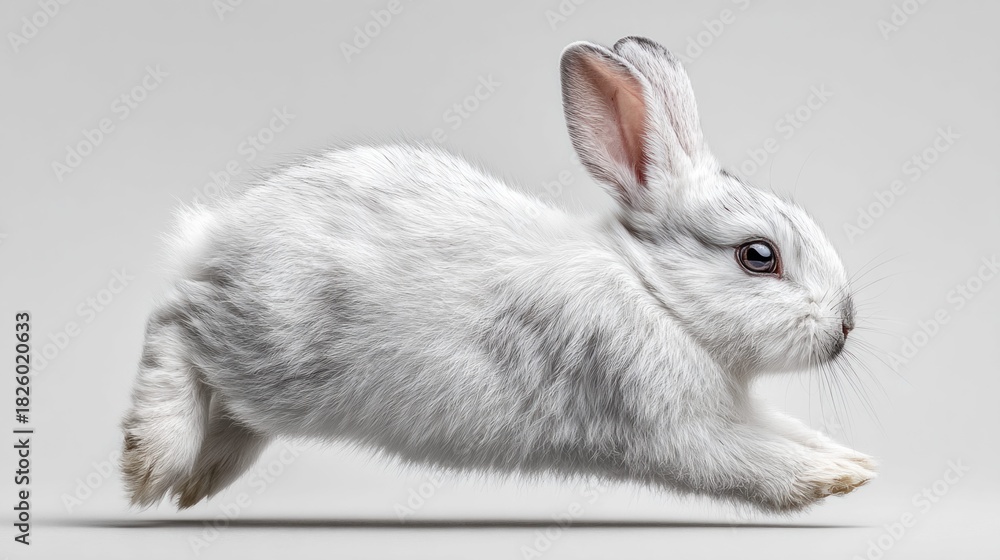 Obraz premium A fluffy white bunny rabbit leaping across a clean, bright, neutral background