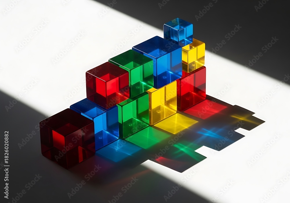 Obraz premium Colorful Transparent Cubes Stacked Forming Geometric Tower with Vibrant Light Shadows.