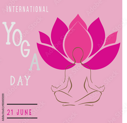 Minimalist Pink International Yoga Day Poster with Lotus Flower, Meditating Figure in Padmasana Vector Design
