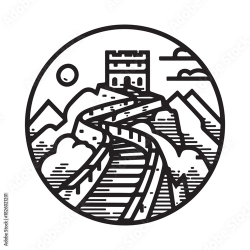 Scenic illustration of a winding road leading to ancient fortress amidst mountain landscape in a round frame design