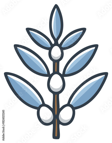 Stylized Pussy Willow Branch with Light Blue Leaves and White Fluffy Buds