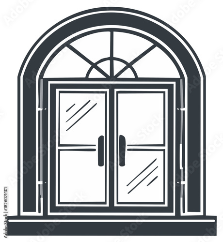 Arched double doors sketch with mullions, glass panels and handles in a dark gray tone and a white frame