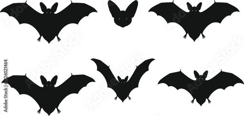 Silhouette collection of flying bats with spread wings, black nocturnal animal illustrations for Halloween design, spooky nature graphic vector elements