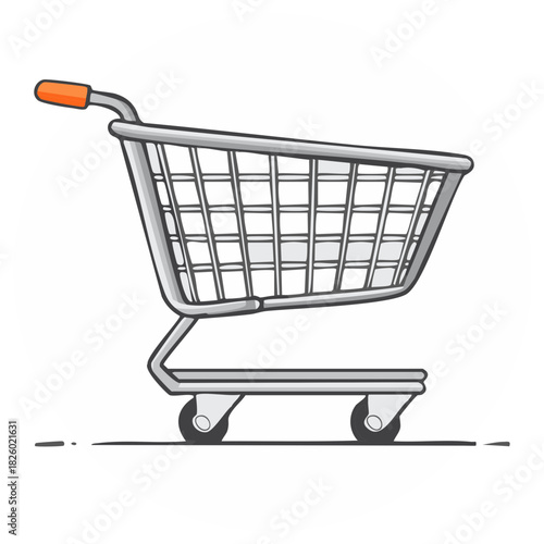 Shopping cart illustration with orange handle and steel frame. Retail and buying concepts