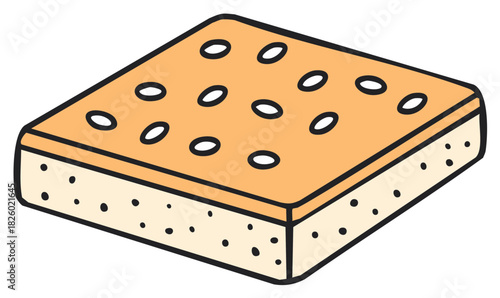 Cute cartoon illustration of a square sesame seed cake bar or baked pastry dessert